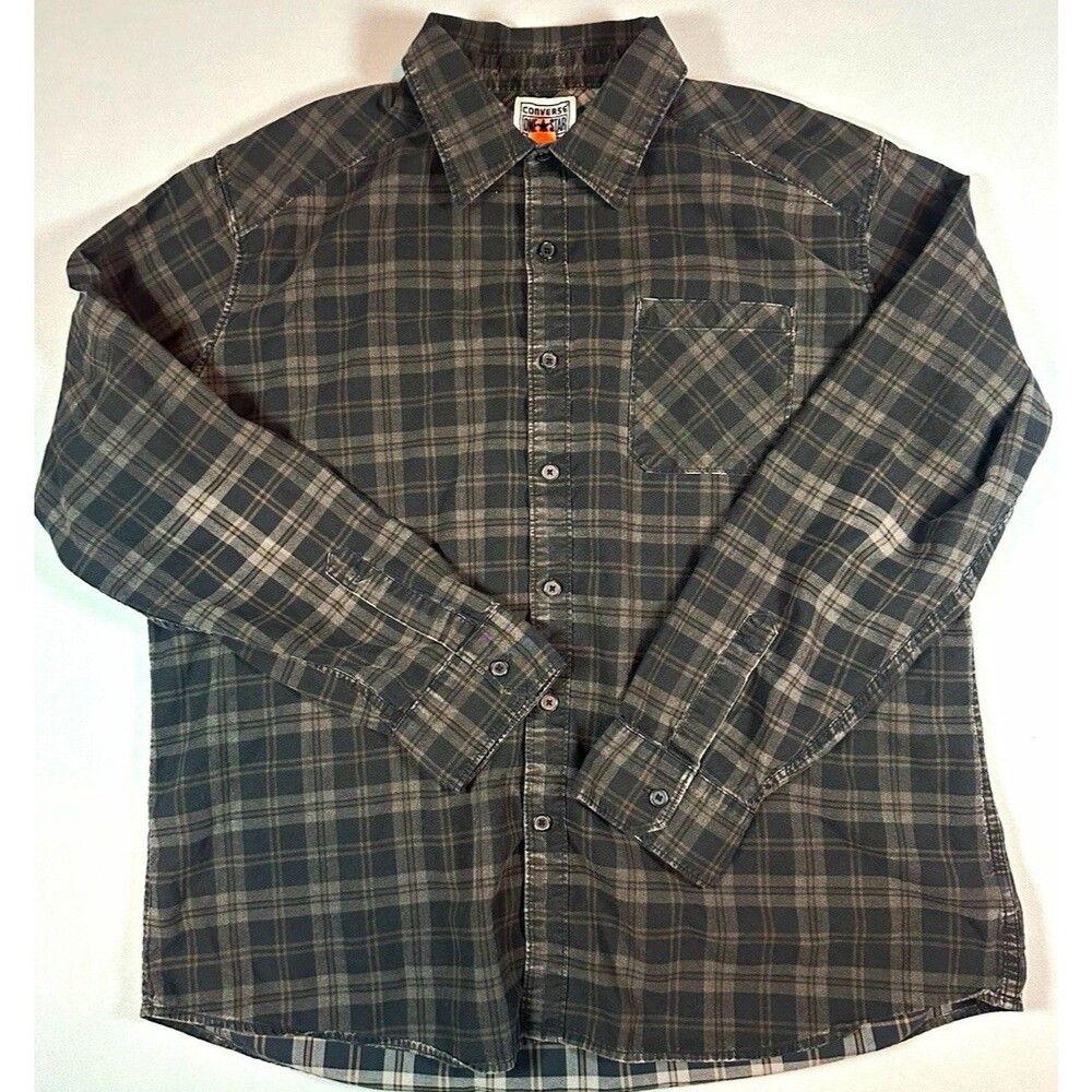 Converse One Star Mens XL Regular Gray Plaid LS Pockets Button-Up Point Collar